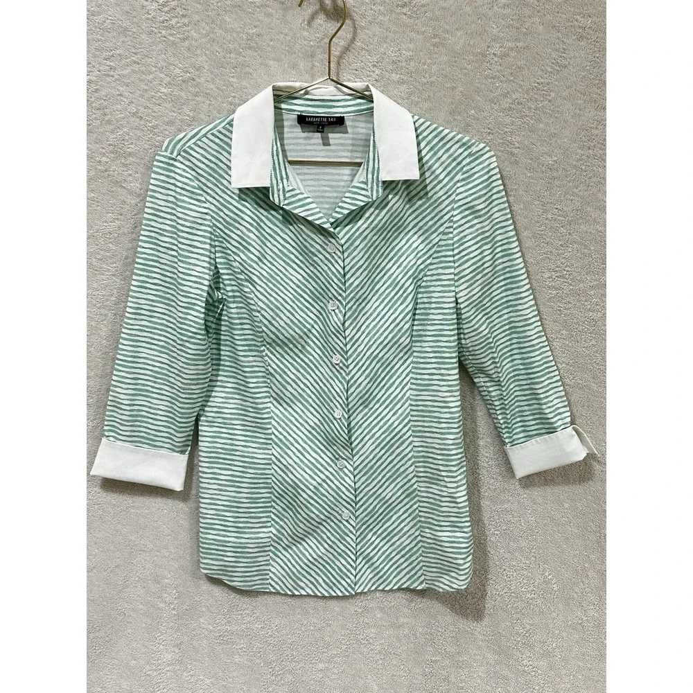 Lafayette 148 Striped Button Up Shirt Size 2 Green White 3/4 Sleeve Luxury - Picture 1 of 6